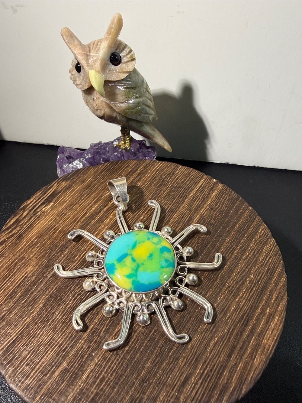 925, Sterling Sun, Sunburst Statement Pendant, Mexico- Blue Yellow Green Accent
